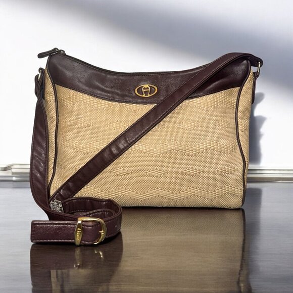 VTG Etienne Aigner Purse Beige Woven Oxblood Leather Trim Shoulder Bag 90s Y2K - Picture 1 of 9